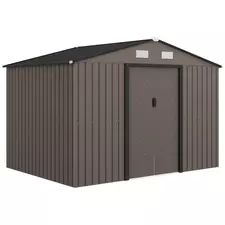 Outsunny 9 x 6ft Metal Garden Shed, Outdoor Storage Tool House with Ventilation Slots, Foundation Kit and Lockable Double Doors, Brown - 1