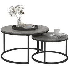 HOMCOM Industrial Nesting Coffee Table Set of 2, Round Coffee Tables, Living Room Table with Faux Marbled Top and Steel Frame - 1