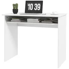 HOMCOM 90 x 50cm Computer Table, Modern Home Office Desk, Small Writing Desk with Storage Shelf, High Gloss White - 1