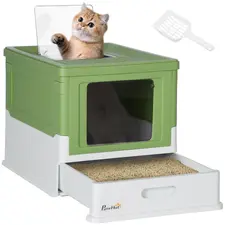 PawHut Hooded Cat Litter Box, Portable Pet Toilet, with Scoop, Front Entry - Light Green - 1