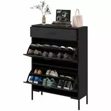 HOMCOM Three Drawer Slim Shoe Storage Cabinet, 12 Shoe Pairs - Black - 1
