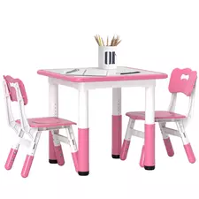 AIYAPLAY Height Adjustable Toddler Table and Chair Set, 3-Piece Children Activity Table w/ 2 Chairs for Playroom, Bedroom - Pink - 1