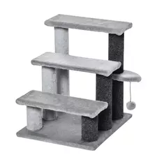 PawHut 3-step Pet Stairs with Scratching Posts, Platforms, Toy Ball, Grey - 1