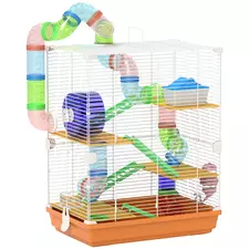 PawHut 5 Tier Hamster Cage Carrier Habitat w/ Exercise Wheels, Tunnel, Orange - 1