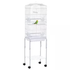 PawHut Bird Cage Budgie Cages for Finch Canary Parakeet with Stand Wheels Slide-out Tray Accessories Storage Shelf, White 46.5 x 36 x 157 cm - 1