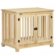 PawHut Wooden Dog Crate, with Double Doors, Cushion, for Medium Dogs - Natural Finish - 1