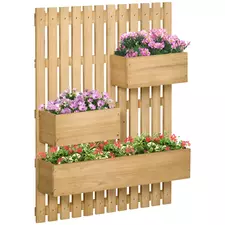 Outsunny Wall-mounted Wooden Garden Planters with Trellis, Drainage Holes and 3 Planter Boxes for Patio, Natural - 1