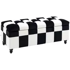 HOMCOM Storage Ottoman, Storage Bench with Wood Legs, Footstool, Footrest with Velvet Surface for Bedroom, Hallway, Living Room, 114 x 47 x 47 cm, White and Black - 1