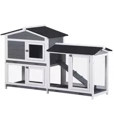 PawHut Wooden 2-Tier Rabbit Hutch w/ Tray Ramp Grey - 1