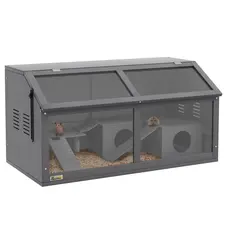 PawHut Hamster Cage, Wooden Small Animal Cage for Gerbils, Mice w/ Suspension Bridge, Openable Top, Hut, 85 x 45 x 44cm - Grey - 1