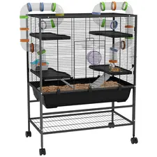 PawHut Large Hamster Cage, Gerbil Cage with Tubes, Storage Shelf, Ramps, Platforms, Running Wheel - Black - 1