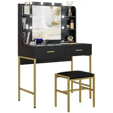 HOMCOM Dressing Table Set, with Storage and Stool - Black - 1