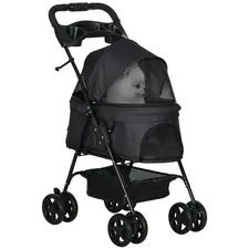 PawHut Dog Pram Dog Stroller Foldable Pet Pushchair with 4 Wheels, Safety Leashes, Cup Holder for Small Dogs, Black - 1