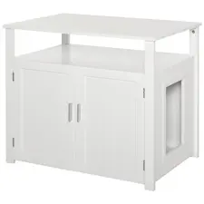 PawHut Wooden Cat Litter Box Enclosure Furniture with Adjustable Interior Wall & Large Tabletop for Nightstand, White - 1
