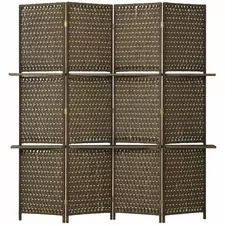 HOMCOM 4-Panel Room Dividers with Shelves, Wave Fibre Freestanding Folding Privacy Screen Panels, Partition Wall Divider for Indoor Bedroom Office, 180 cm, Brown - 1