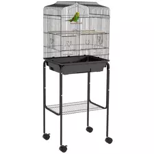PawHut Bird Cage Budgie Cages for Finch Canary Parakeet with Stand Wheels Slide-out Tray Accessories Storage Shelf, Black - 1