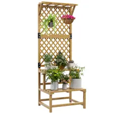 Outsunny Wooden Plant Stand, with Trellis - Natural Finish - 1