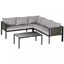 Outsunny 5 Seater Garden Corner Sofa Set, 4 Pieces Metal Garden Furniture Set with Loveseats, Glass Top Coffee Table, Breathable Mesh Pocket, Outdoor Conversation Furniture with Cushions, Light Grey - 1