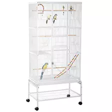 PawHut Large Bird Cage Budgie Cage 3 Tier Aviary with Stand Wheels, Toys, Ladders, Shelf for Canaries, Finches, Cockatiels, Parakeets - White - 1