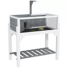 PawHut Wooden Tortoise House with Storage Shelf, Clear Observation Windows, Lamp Holder, Openable Top, Built-in Tray, Grey - 1