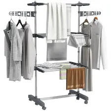 HOMCOM Three-Shelf Collapsing Clothes Horse, With Side Arms and Wheels - Grey - 1