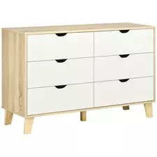 HOMCOM Bedroom Chest of Drawers, Wide 6-Drawer Dresser, Storage Drawer Unit with Wood Legs for Living Room, White and Light Brown - 1