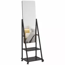 HOMCOM Free Standing Dressing Mirror, Rolling Full Length Mirror on Wheels with Adjustable Angle, Storage Shelves for Bedroom - 1