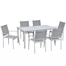 Outsunny 7 Piece Garden Dining Set, Outdoor Table and 6 Stackable Chairs, Steel Frame, Tempered Glass Top Table, Mesh Seats, Grey - 1