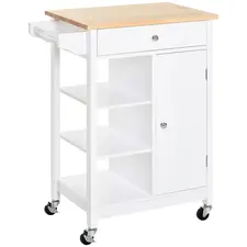 HOMCOM Kitchen Trolley, Kitchen Island on Wheels, w/ Wood Top, 3 Shelves and Storage Cupboard, White - 1