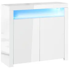 HOMCOM 2-Door Sideboard with LED Light, High Gloss Lighted Storage Cabinet with Shelves and Open Compartment, Modern Kitchen Sideboard for Dining Room, Living Room, 107 x 35 x 97cm, White - 1
