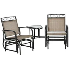 Outsunny Double Outdoor Glider Chair, 2 Seater Patio Rocking Chairs, Swing Bench with Tempered Glass Table, Breathable Mesh Fabric for Backyard, Garden, Porch, Brown - 1