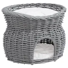 PawHut 2-Tier Wicker Cat House Elevated Pet Bed Basket Willow Kitten Tower Pet Den. with Washable Cushions 56x37x40cm Grey - 1