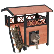 PawHut Cat House Outdoor w/ Balcony Stairs Roof, 77 x 50 x 73 cm, Brown - 1