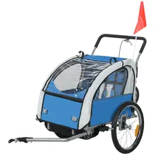 HOMCOM 2 Seat Bike Trailer with 5 Point Harness, Baby Bike Stroller with Safety Flag, Reflectors, for 18+ Months, Blue - 1
