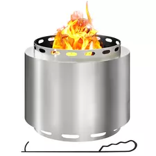 Outsunny Smokeless Fire Pit, 48.5cm Portable Wood Burning Firepit with Poker for Garden Camping Bonfire Party, Stainless Steel, Silver - 1