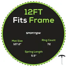 SPORTNOW Replacement Trampoline Mat with Spring Pull Tool, 72 V-Hooks, for 12ft Trampoline using 14cm Springs, Green - 1