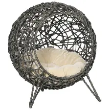 PawHut Rattan Elevated Cat Bed House Kitten Basket Ball Shaped Pet Furniture w/ Removable Cushion - Silver-Tone and Grey - 1