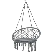 Outsunny Outdoor Cotton-Polyester Blend Macrame Hanging Rope Chair with Cushion, Portable Garden Chair with Fringe Tassels for Patio, Deck, Tree, Grey - 1