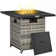 Outsunny Outdoor PE Rattan Gas Fire Pit Table, Patio Square Propane Heater with Rain Cover, Mesh Lid and Lava Stone, 40,000 BTU, Mixed Grey - 1
