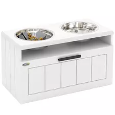 PawHut Raised Dog Bowl with Slow Feeder, Two Stainless Steel Dog Bowls, Drawer, for Large and Extra Large Dogs, White - 1