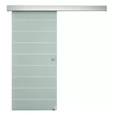 HOMCOM 90cm Sliding Glass Door with Hardware Track Kit, Frosted Tempered Glass with Stripe Pattern, Round Handle - 1