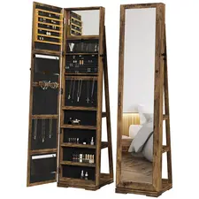 HOMCOM 360° Swivel Jewellery Cabinet, Free Standing Full Length Mirror with Storage, Lockable Jewellery Organiser with Built-in Makeup Mirror and Storage Shelves for Bedroom, Rustic Brown - 1