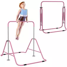 HOMCOM Kids Gymnastic Bar, with Adjustable Height, Foldable Horizontal Bars - Pink - 1