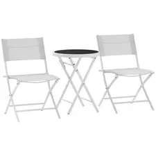 Outsunny 3 Pieces Outdoor Bistro Set, Glass Top Outdoor Table and 2 Folding Chairs with Protecting Feet, White - 1