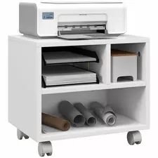 HOMCOM Three-Compartment Printer Cabinet, with Wheels - White - 1