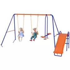 Outsunny Four-In-One Metal Garden Swing Set, with Double Swings, Glider, Slider, Ladder - Orange and Blue - 1