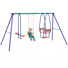 Outsunny Three-In-One Kids Metal Swing Set with Swing, Glider, Rocking Chair Swing, for Ages 3+ years - Orange and Blue - 1