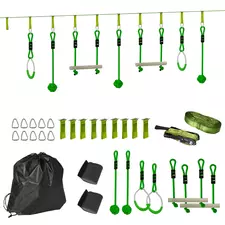 AIYAPLAY 7-Piece Kids Zip Line Kit for Garden, 10m Kids Slackline Kit with Wooden Monkey Bars, Metal Rings, Gripping Balls, Green - 1