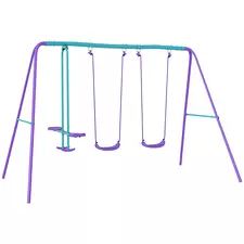 Outsunny Metal Swing Set, with Seesaw, Adjustable Height, for Ages 3+ Years, Purple - 1