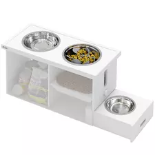 PawHut Raised Dog Bowls w/ Slow Feeder Mat, Storage Cabinet, Three Stainless Steel Bowls, Semi Auto Dispenser Function, White - 1